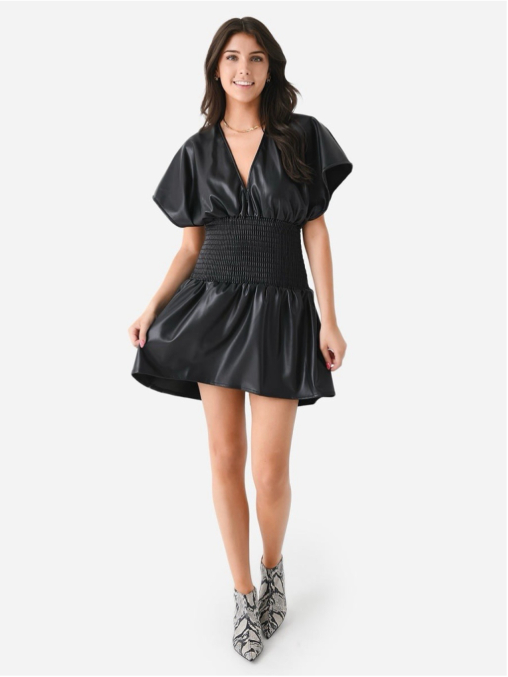 MISA LOS ANGELES Women’s Mounia Faux Leather Mini Dress Black Smocked Casual L